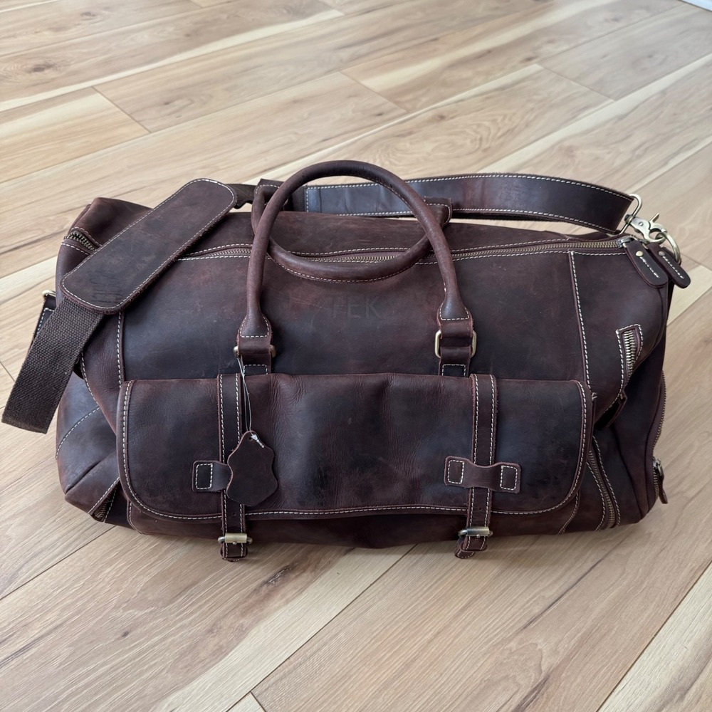 Brown Leather Duffle Bag Weekender Travel Luggage TEK Monogrammed